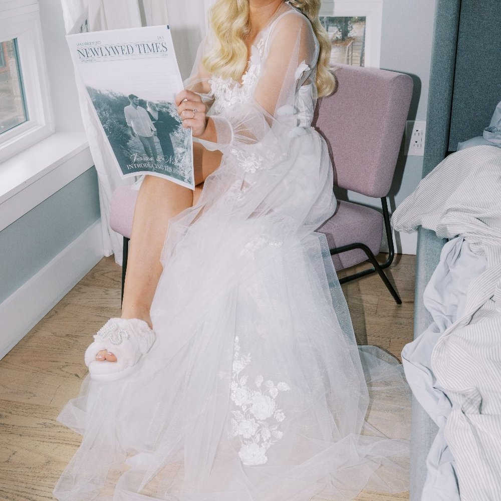 Bridal Robe with floral appliqués, butterfly and beading/pearls by Inna Elise